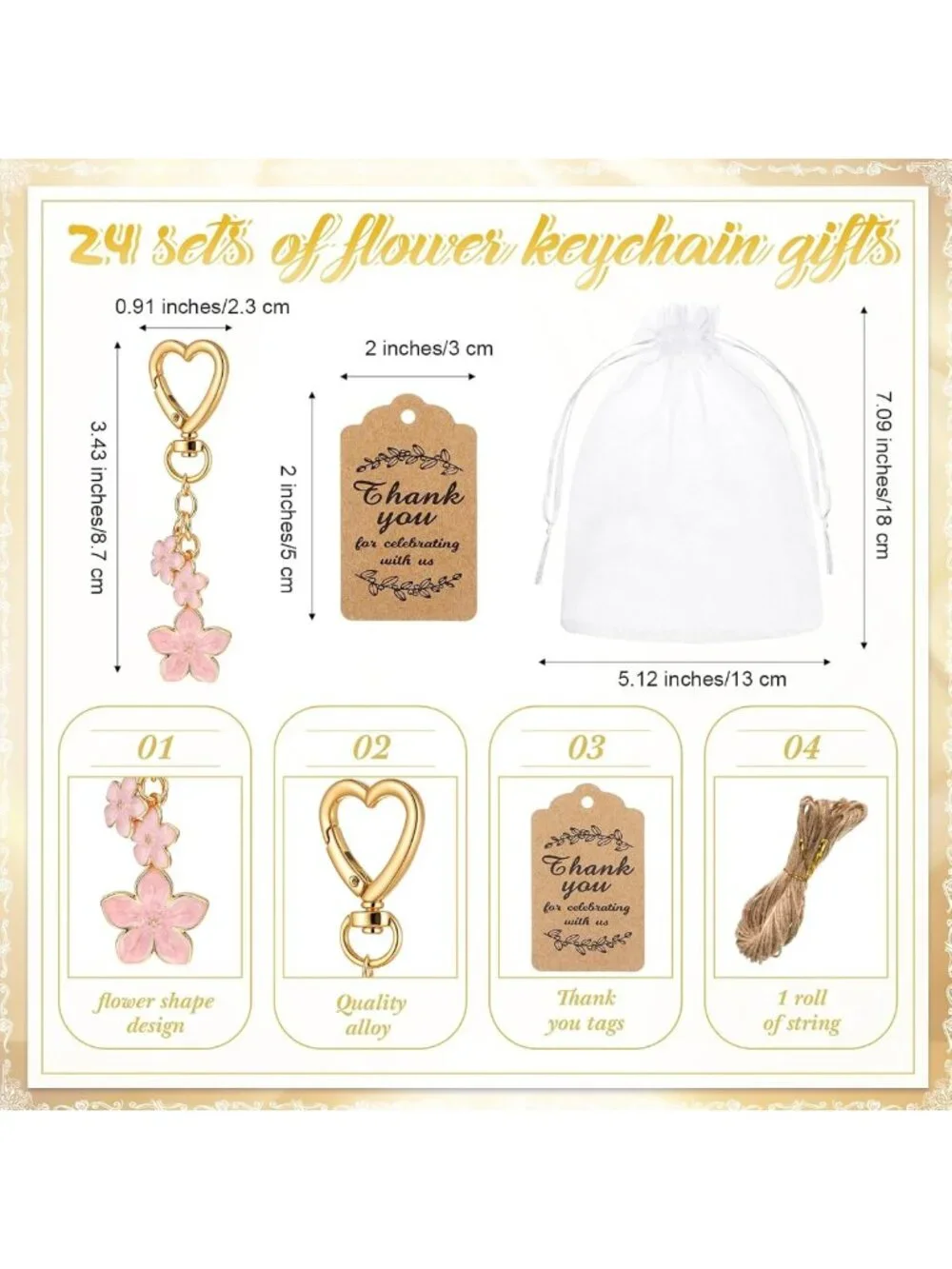 24 Pink Flower Keychains Set - Cherry Blossom Party Favors & Purse Charms